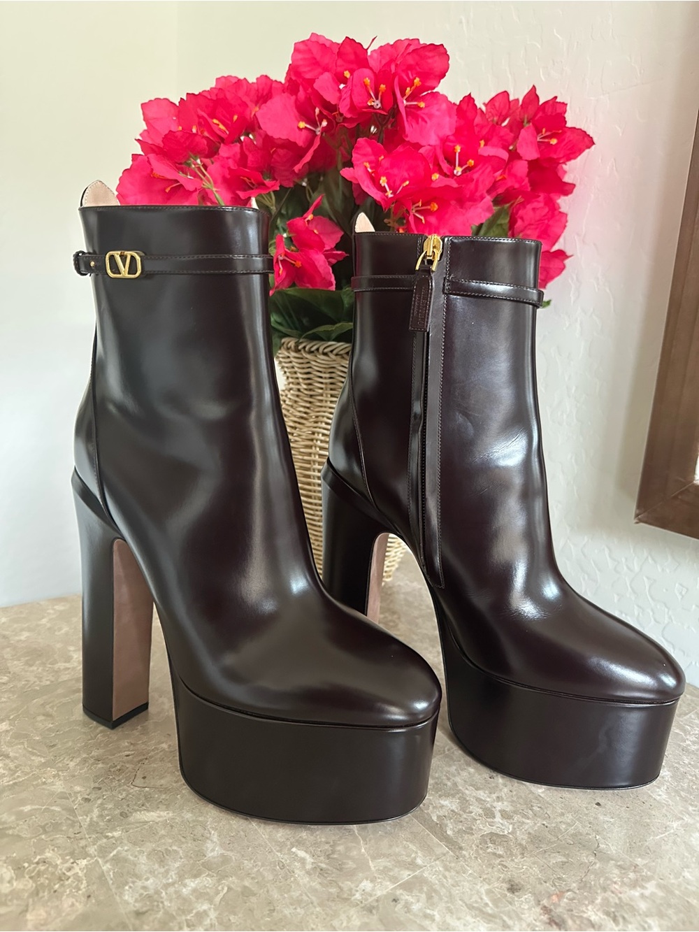 Valentino Dark Brown Leather Platform Ankle Boots with Gold V Logo